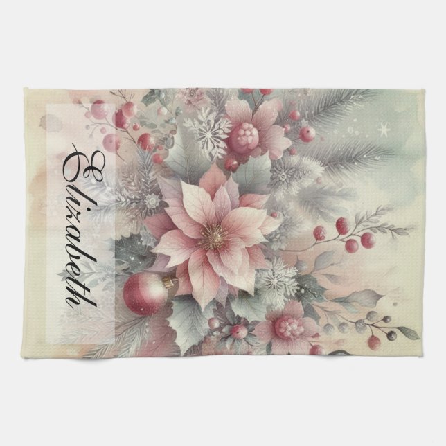 Paño De Cocina Vintage Watercolor Navidades Floral y Ornamentos (Horizontal)