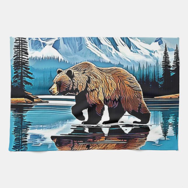Paño De Cocina Vista de la montaña del lago Grizzly (Horizontal)