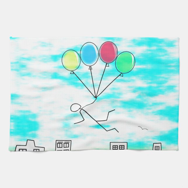 Paño De Cocina Volando Sobre La Ciudad Con Globos (Horizontal)