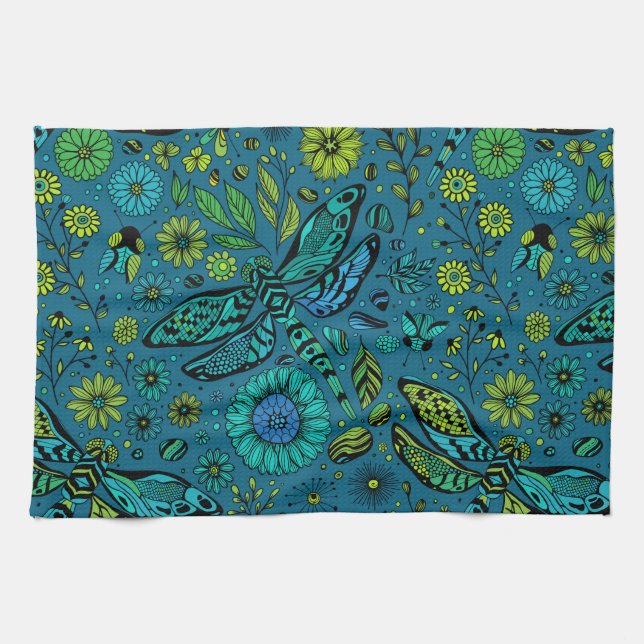 Paño De Cocina Volar, volar libélula en azul (Horizontal)