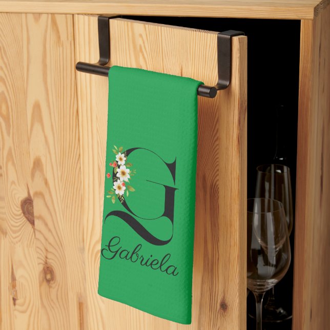 Paño De Cocina Watercolor botanical green initial monogram (Pliegue de tercios)