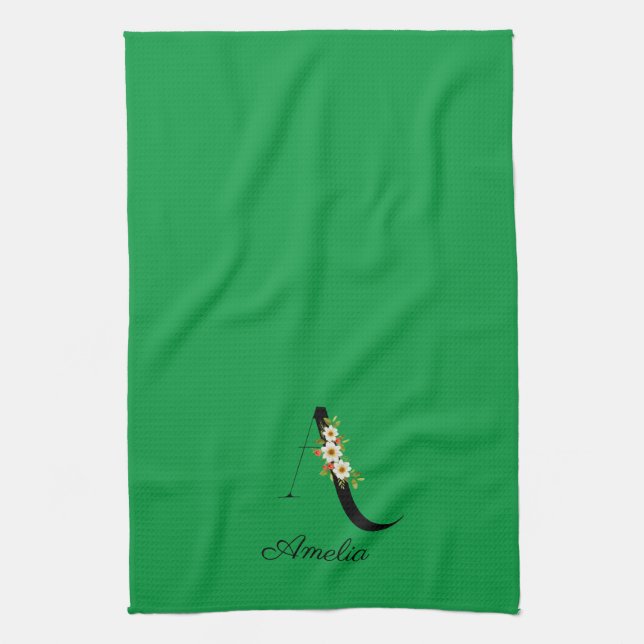 Paño De Cocina Watercolor botanical green initial monogram (Vertical)