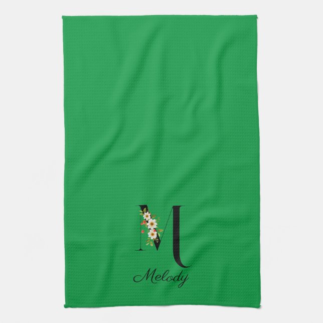 Paño De Cocina Watercolor botanical green initial monogram (Vertical)