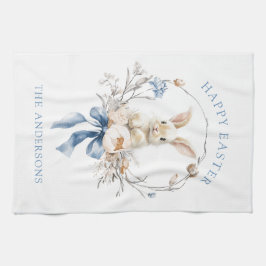 Paño De Cocina Watercolor Bunny Flowers Blue Bow Spring