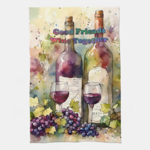 Paño De Cocina Watercolor Good Friends Wine Together