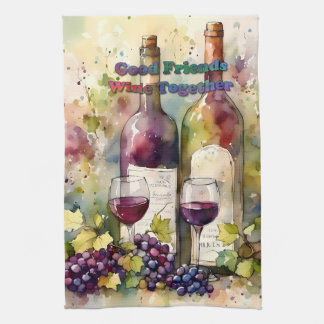 Paño De Cocina Watercolor Good Friends Wine Together