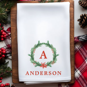 Paño De Cocina Watercolor Holly Wreath Navidades de vacaciones mo