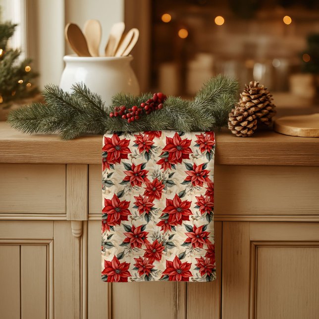 Paño De Cocina Watercolor Poinsettia Towel Rustic Christmas Style (Watercolor Poinsettia Towel Rustic Christmas Style)