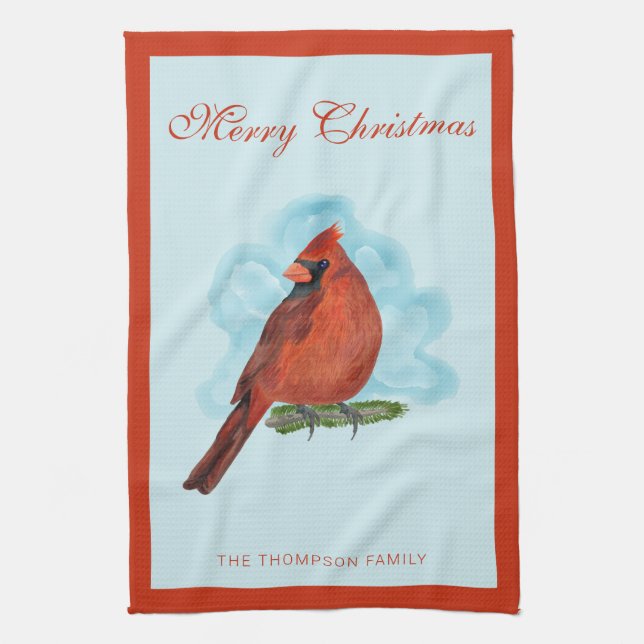 Paño De Cocina Watercolor Red Cardinal Bird Merry Christmas (Vertical)