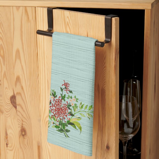 Paño De Cocina Watercolor Red Gerbera Daisy con vegetación (Pliegue de tercios)