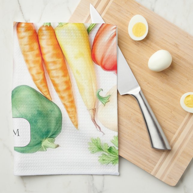 Paño De Cocina Watercolor vegetables pattern monogrammed (Doblado Cuarto)