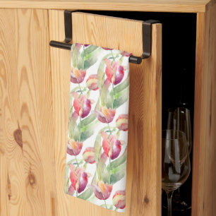 Paño De Cocina Watercolor Vintage Red Tulips Meadow Easter
