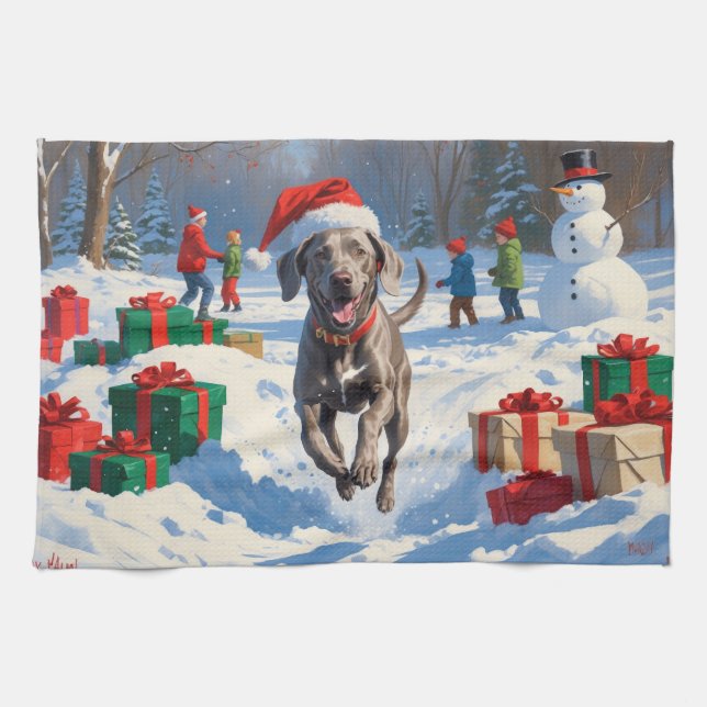Paño De Cocina Weimaraner corre en Nieve con Gorra Navidad (Horizontal)