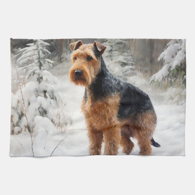 Paño De Cocina Welsh Terrier Deja que nieve Navidad (Horizontal)