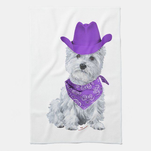 Paño De Cocina Westie Cowboy en morado (Vertical)