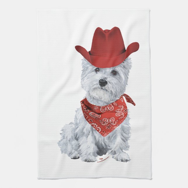 Paño De Cocina Westie Cowboy en rojo (Vertical)