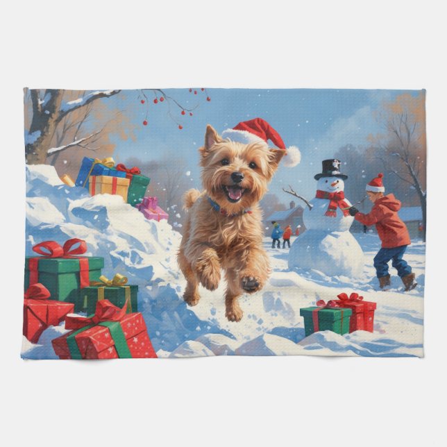 Paño De Cocina Wheaten Terrier Running in Snow with Navidades Gor (Horizontal)