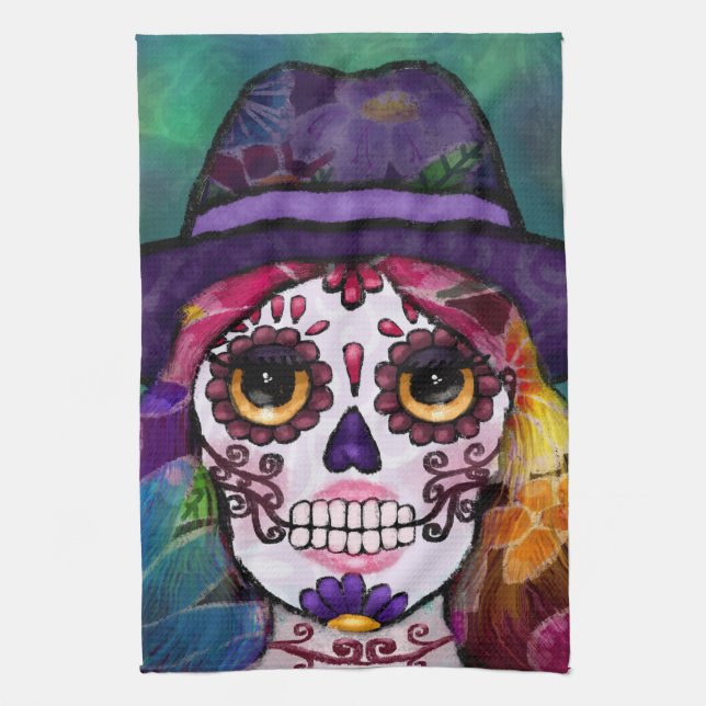 Paño De Cocina Whimsical Abstract Floral Hippie Sugar Skull (Vertical)