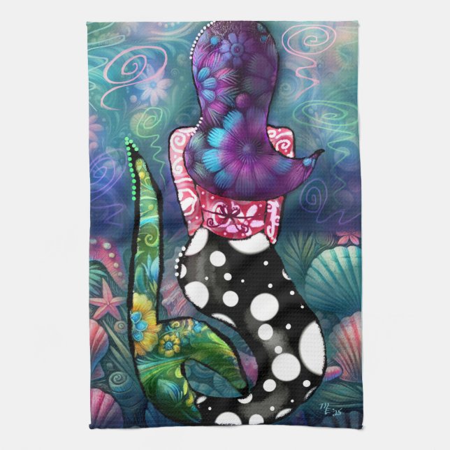 Paño De Cocina Whimsical Abstract Mermaid Nautical Teal Seashells (Vertical)