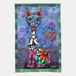 Paño De Cocina Whimsical Big-Eyed Funky Kitty Cat Abstract