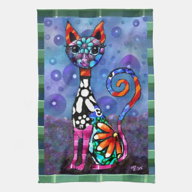 Paño De Cocina Whimsical Big-Eyed Funky Kitty Cat Abstract (Vertical)