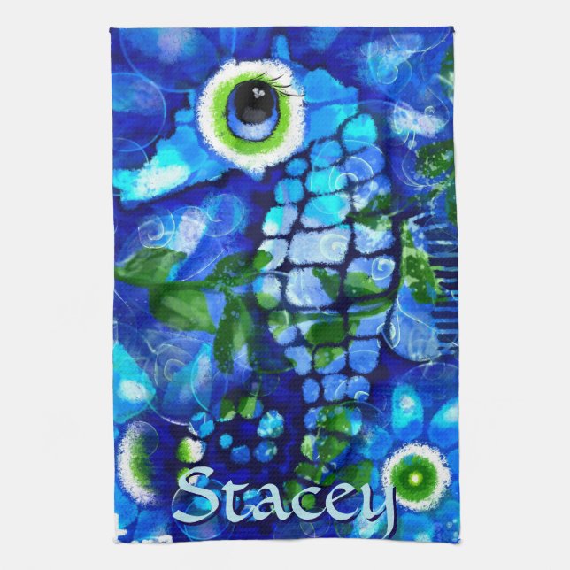 Paño De Cocina Whimsical Big-Eyes Seahorse Art Blue Personalized (Vertical)
