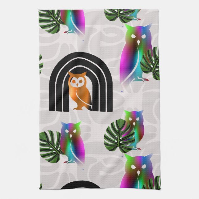 Paño De Cocina Whimsical Boho Owl & Tropical Monstera Leaf (Vertical)