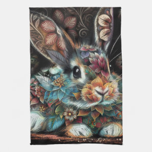 Paño De Cocina Whimsical Bunny Rabbit Floral Resumen Verde azulad