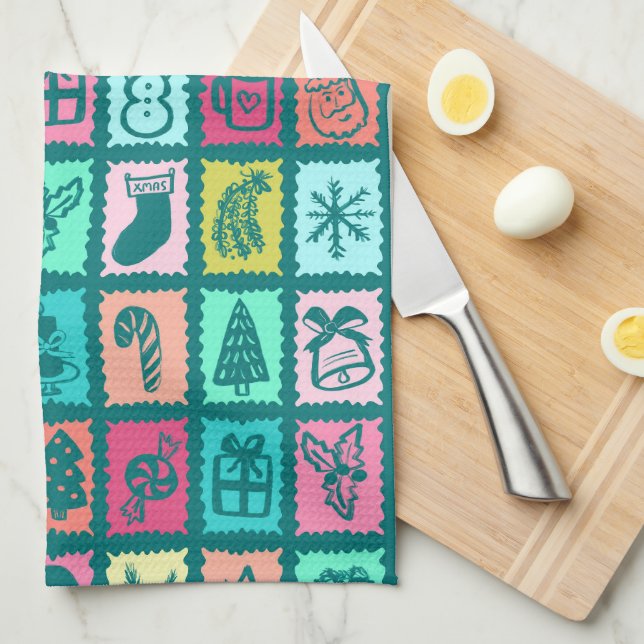 Paño De Cocina Whimsical Christmas Grid Cute Bright Holiday (Doblado Cuarto)
