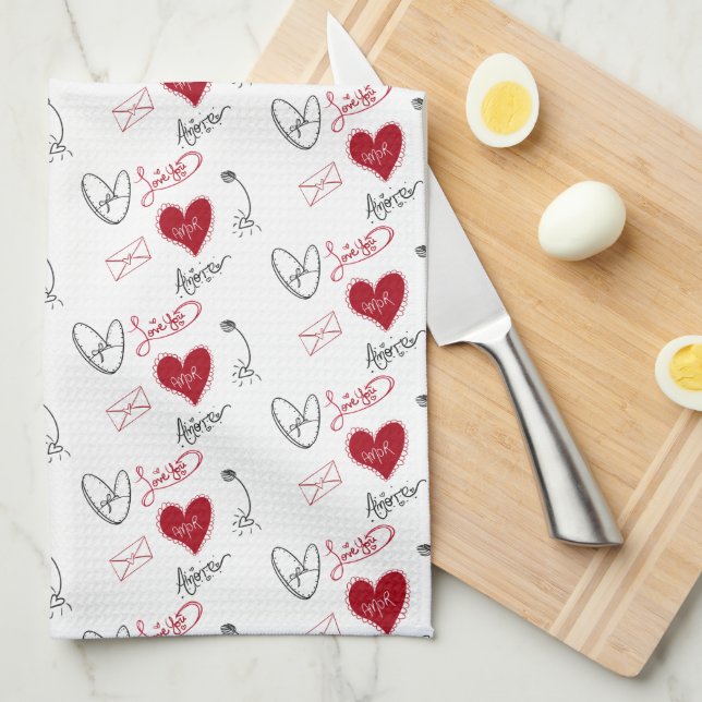 Paño De Cocina Whimsical Doodles Hand Drawn Valentines Day  (Doblado Cuarto)
