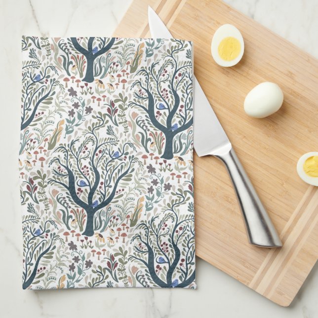 Paño De Cocina Whimsical Folk Art Forest Earth Tones (Doblado Cuarto)