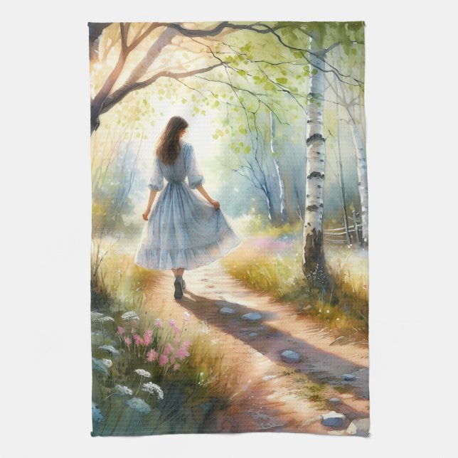 Paño De Cocina Whimsical Girl Dancing Through Birch Forest (Vertical)