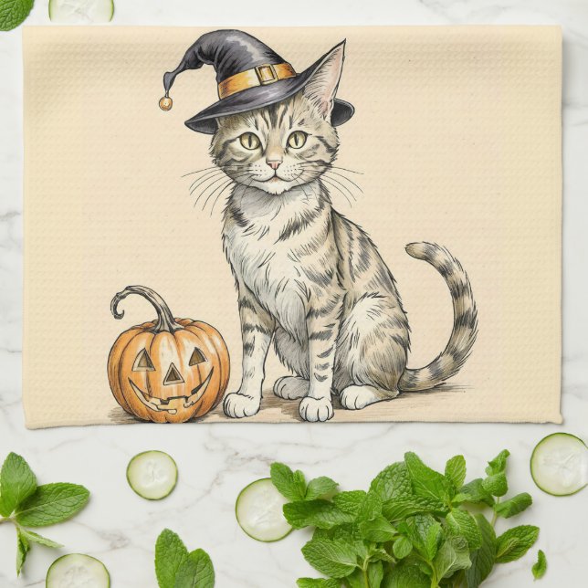 Paño De Cocina Whimsical Halloween Kitten Kitchen Towel, Fall Cat (Doblado)
