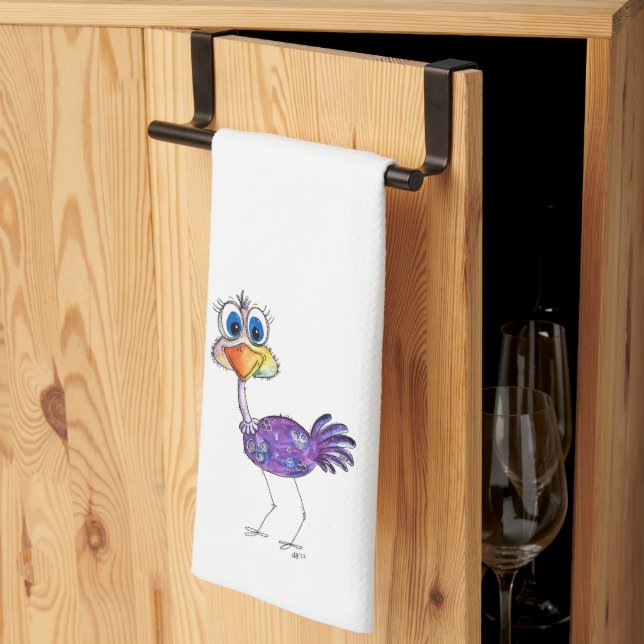 Paño De Cocina Whimsical Happy Purple Ostrich (Pliegue de tercios)