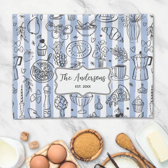 Paño De Cocina Whimsical Italian Food Illustration Blue Stripes (In situ)