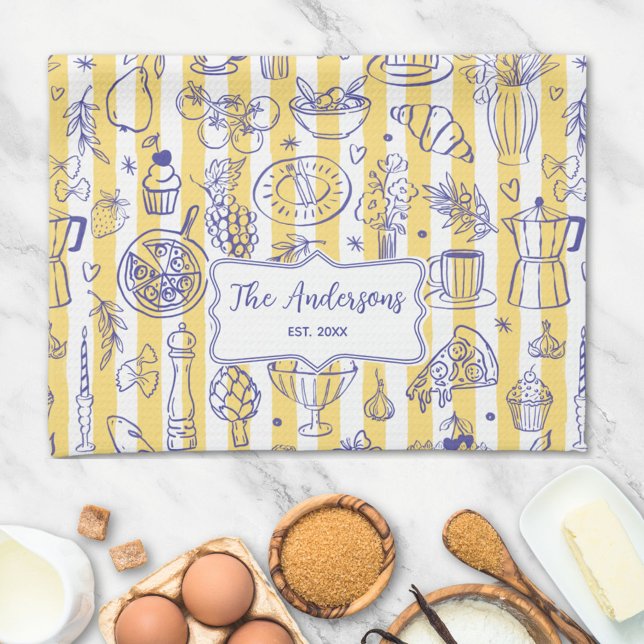 Paño De Cocina Whimsical Italian Food Illustration Yellow Stripes (In situ)