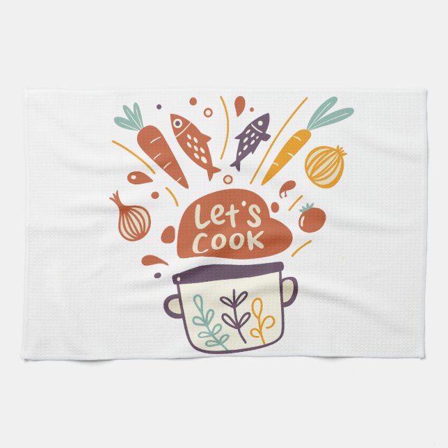 Paño De Cocina Whimsical Kitchen Scene with "Let's Cook" Text - (Horizontal)