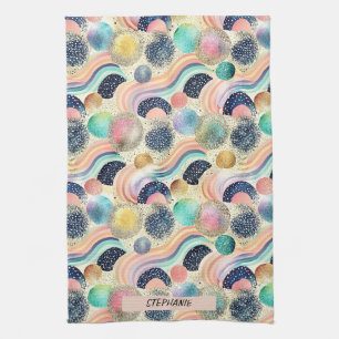 Paño De Cocina Whimsical Pastel Rainbow Waves y Purpurina Resumen