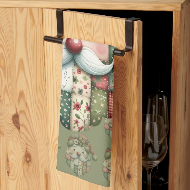 Paño De Cocina Whimsical Patchwork Santa Folk Christmas (Pliegue de tercios)