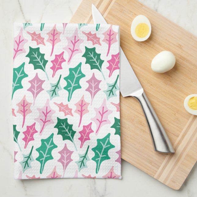 Paño De Cocina Whimsical Pink and Green Christmas Holly Leaves (Doblado Cuarto)