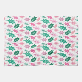 Paño De Cocina Whimsical Pink and Green Christmas Holly Leaves