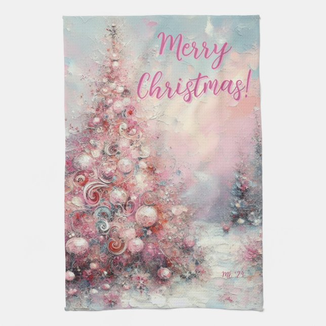 Paño De Cocina Whimsical Pink Christmas Tree Personalized (Vertical)