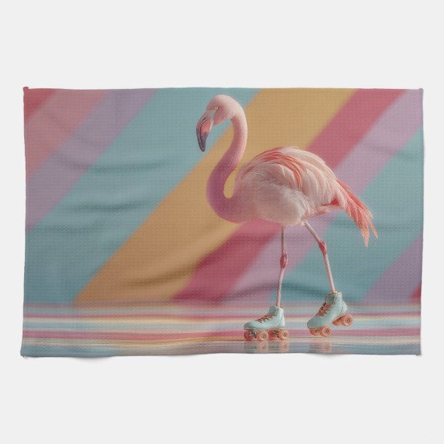 Paño De Cocina Whimsical Pink Flamingo on Roller Skates (Horizontal)