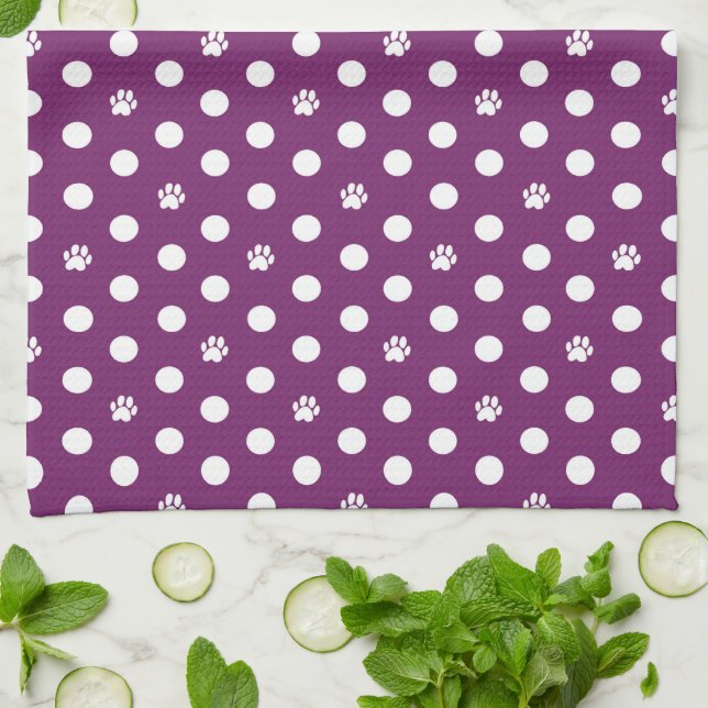 Paño De Cocina Whimsical Polka Dot Dog Paw Print Purple (Doblado)