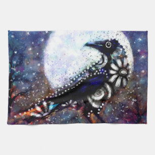 Paño De Cocina Whimsical Raven Moon Floral Azul Blanco Negro