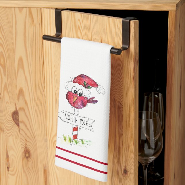 Paño De Cocina Whimsical Red Navidad Bird (Pliegue de tercios)