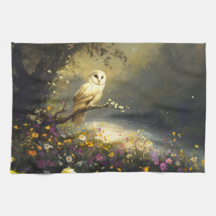 Paño De Cocina Whimsical Snowy White Owu Wildflowers Art