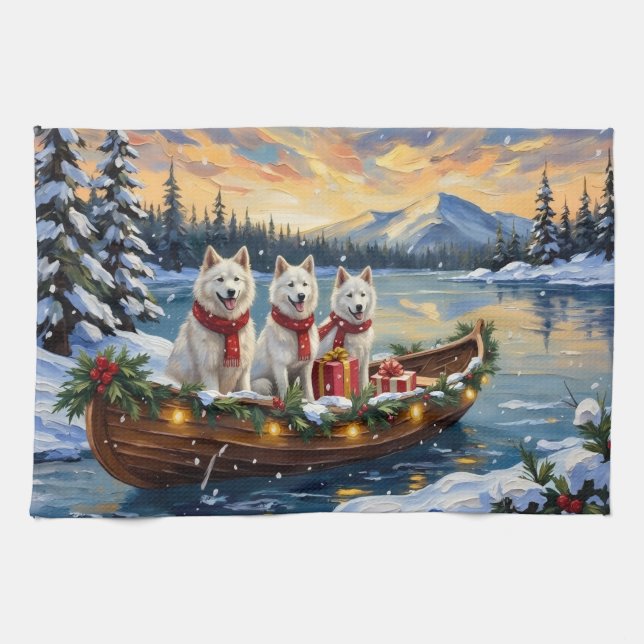 Paño De Cocina White American Eskimo Dog Christmas Boat Holiday (Horizontal)
