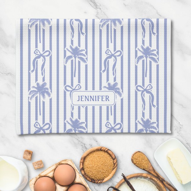 Paño De Cocina White Blue Coastal Chic Palm Trees Bows Stripes (In situ)