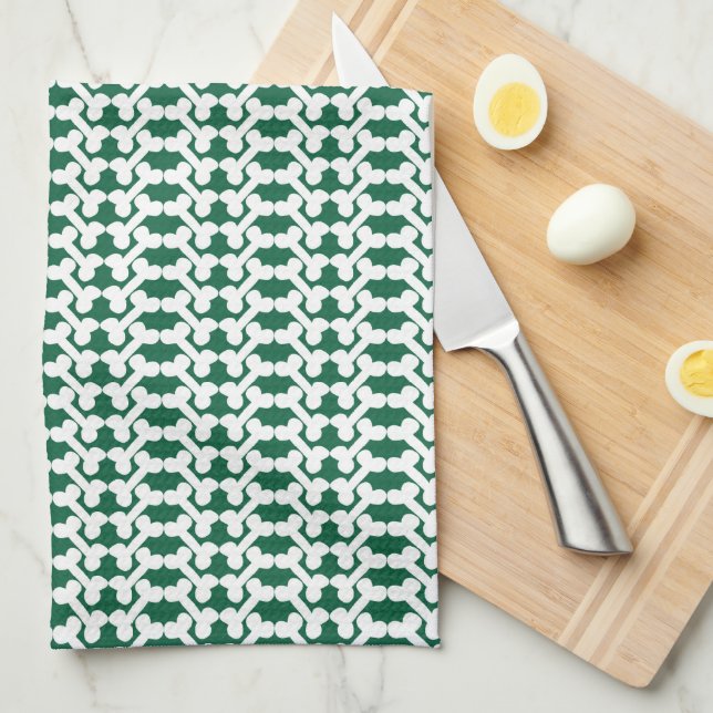 Paño De Cocina White Dog Bone Herringbone Pattern Hunter Green (Doblado Cuarto)